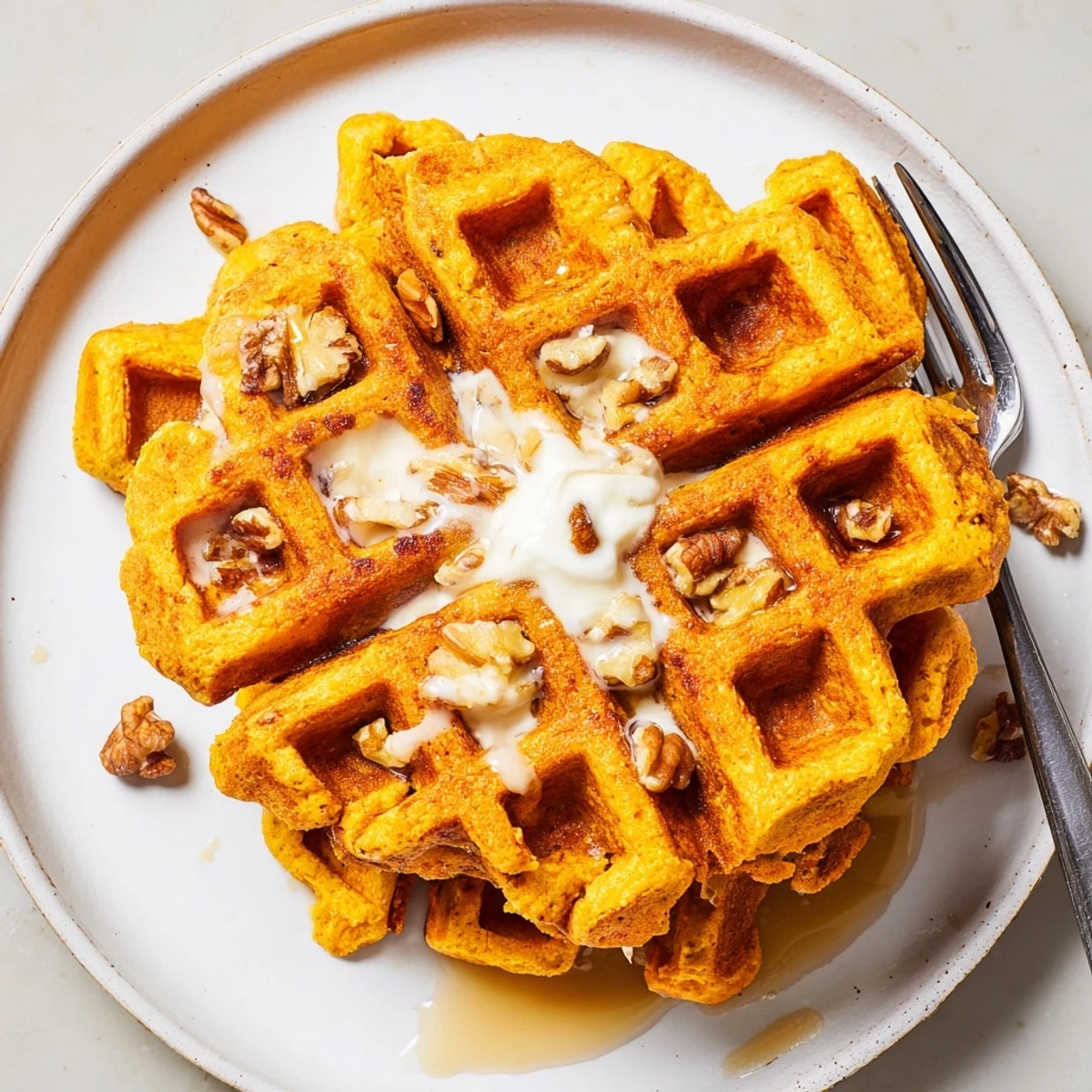 Freshly made Carrot Cake Waffles speckled with grated carrots, crunchy pecan bites