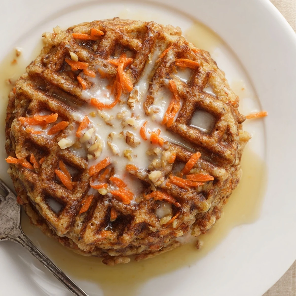 Stack of Carrot Cake Waffles drizzled with cream cheese glaze and maple syrup