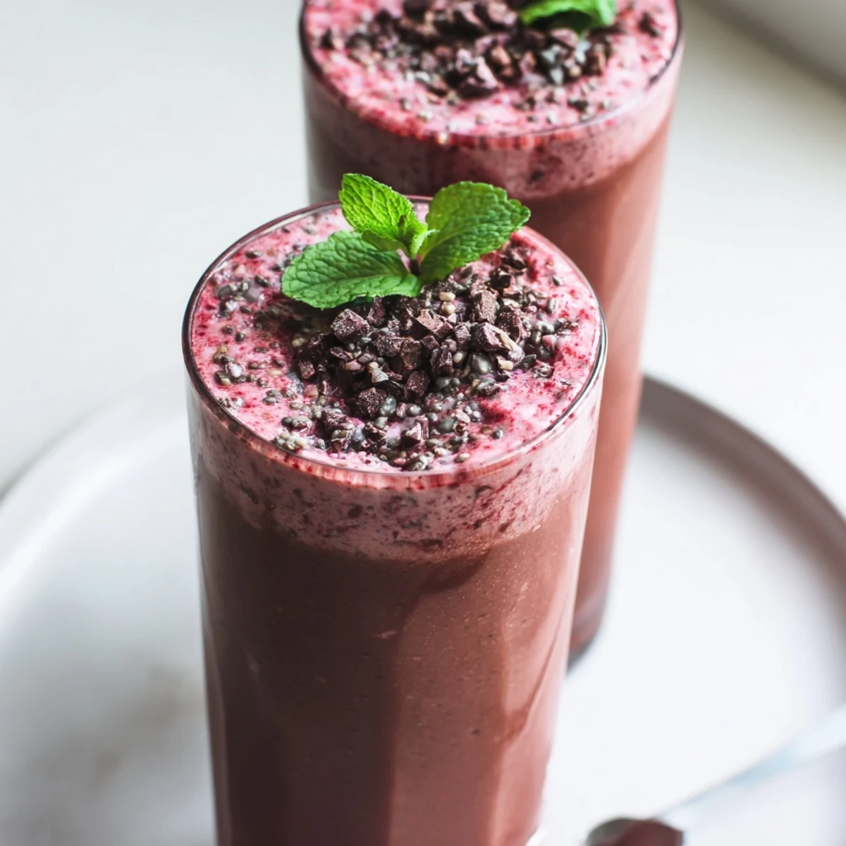 Velvety Chocolate Beet Smoothie in glass, topped with cacao nibs and mint