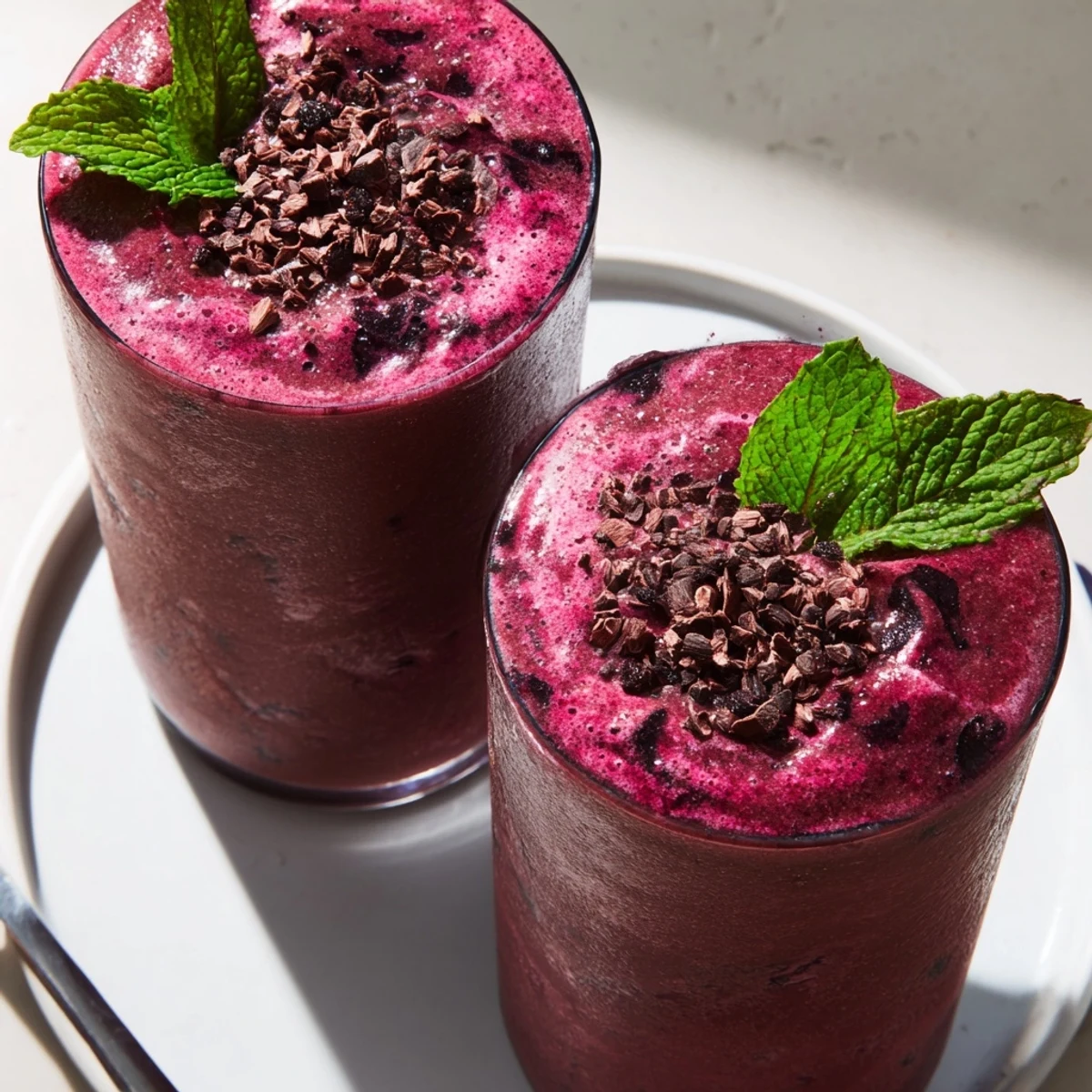 Deep purple Chocolate Beet Smoothie poured from blender, thick and energizing