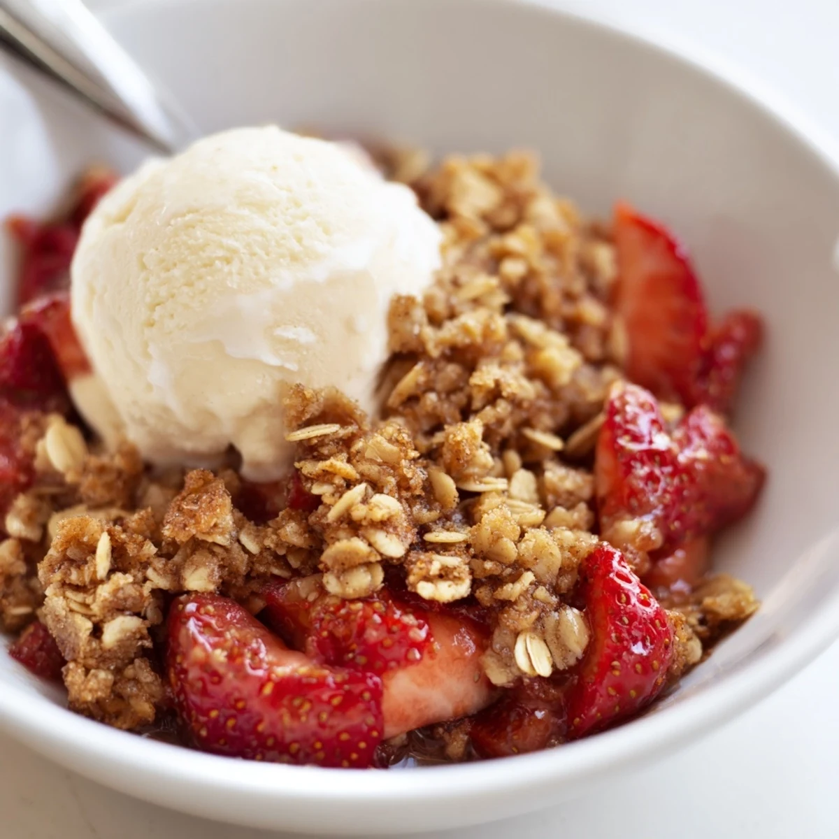 Fresh Strawberry Crisp Recipe bubbling with juices under golden oat topping