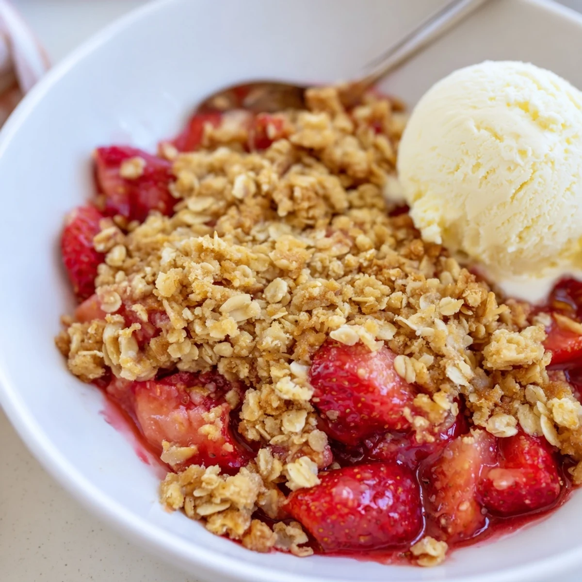 Fresh Strawberry Crisp Recipe in a rustic baking dish, cinnamon scented, spoon ready