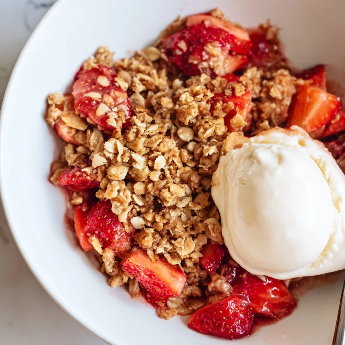 Fresh Strawberry Crisp Recipe served warm with melting vanilla ice cream