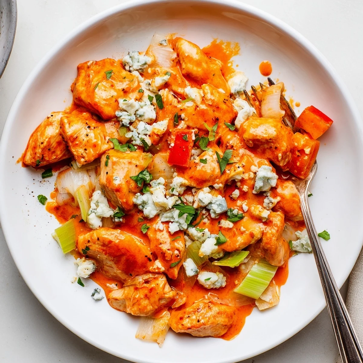Keto Buffalo Chicken Skillet one-pan dinner, tender chicken, peppers, creamy buttery sauce