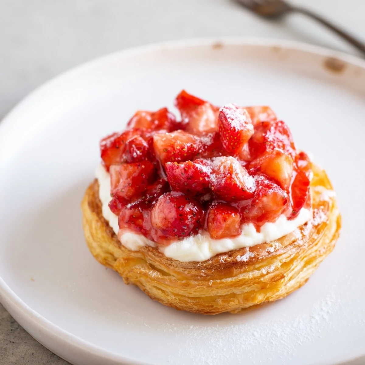 Fresh baked Strawberry Danish Recipe topped with vanilla glaze, soft flaky layers
