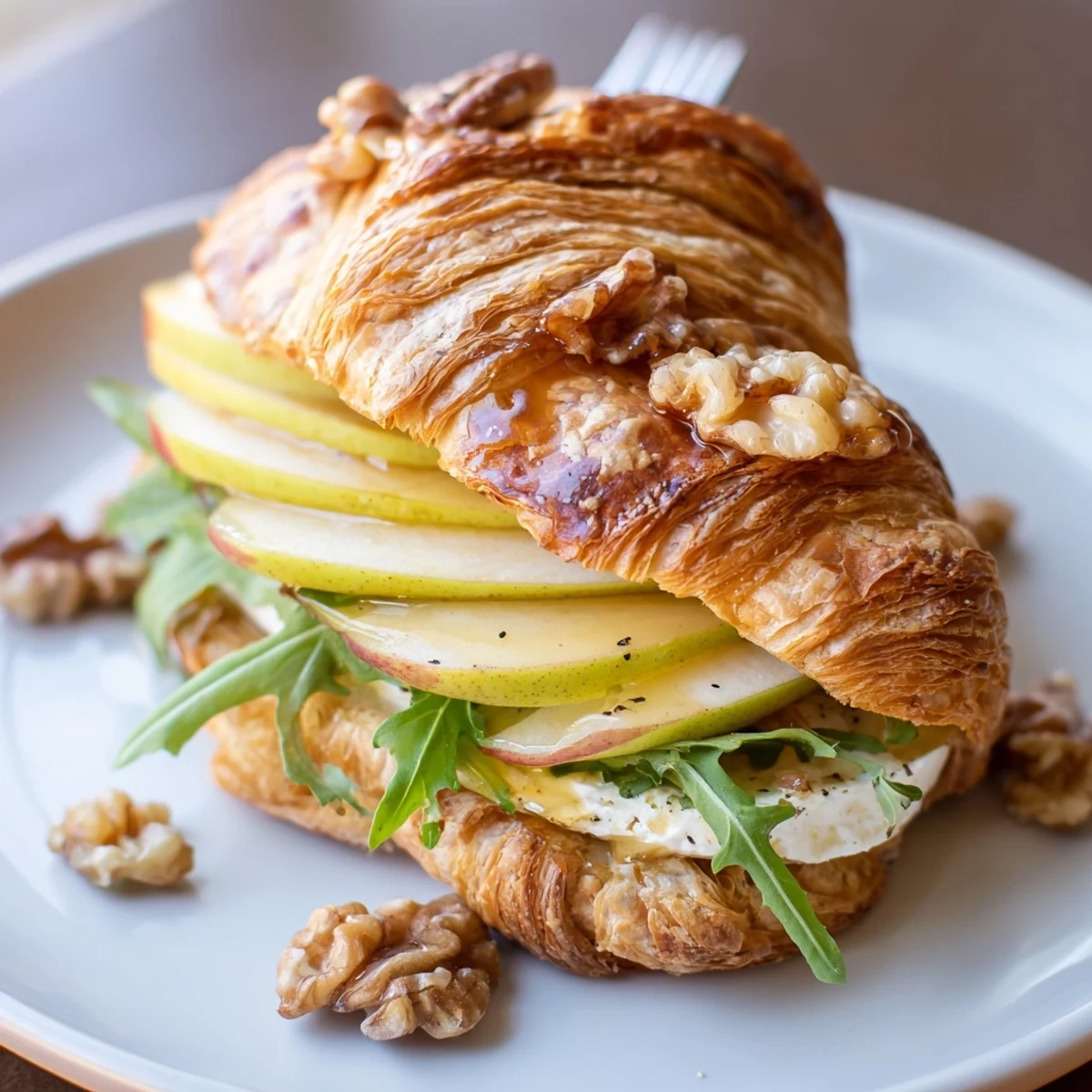Sliced Apple Goat Cheese Croissant Sandwich on cutting board, drizzled honey glistening