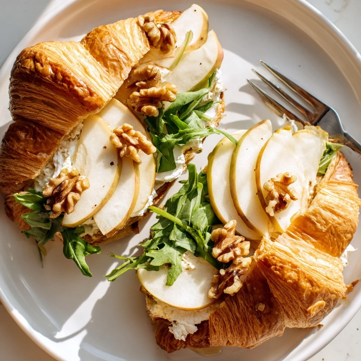 Toasted Apple Goat Cheese Croissant Sandwich with arugula, walnuts for crunchy brunch bite