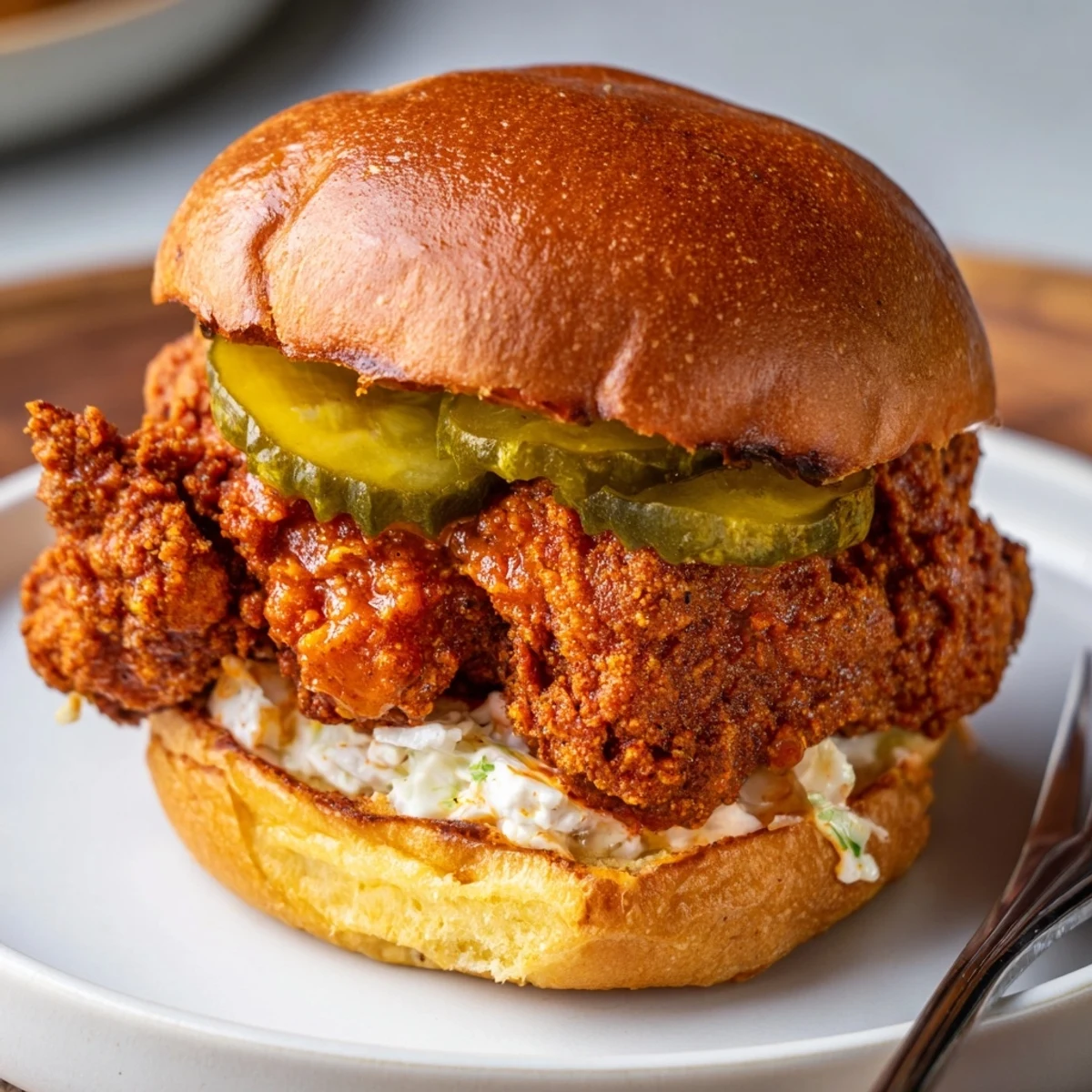 Spicy Nashville Hot Chicken Sandwiches with crisp pickles, creamy slaw, golden crust
