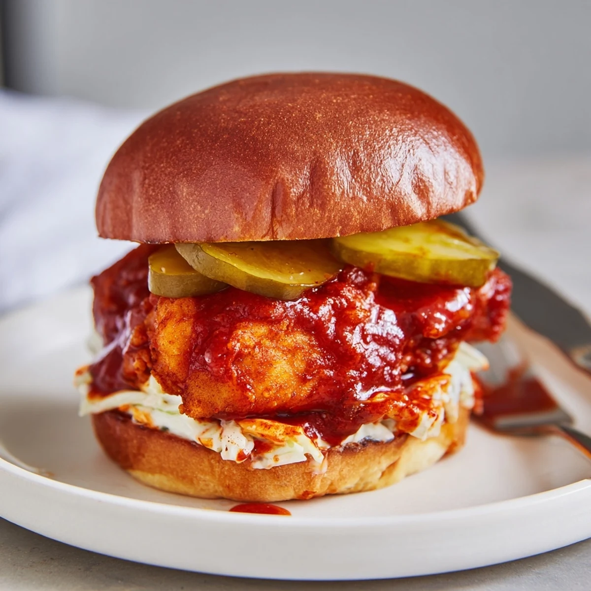 Crispy Spicy Nashville Hot Chicken Sandwiches brushed with fiery oil, served on toasted brioche