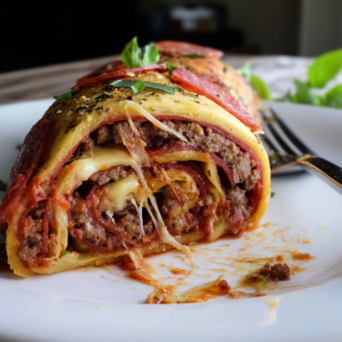 Cheesy Beef Pepperoni Pizza Roll Ups Snack Recipe, golden-brown, cheese bubbling, served warm