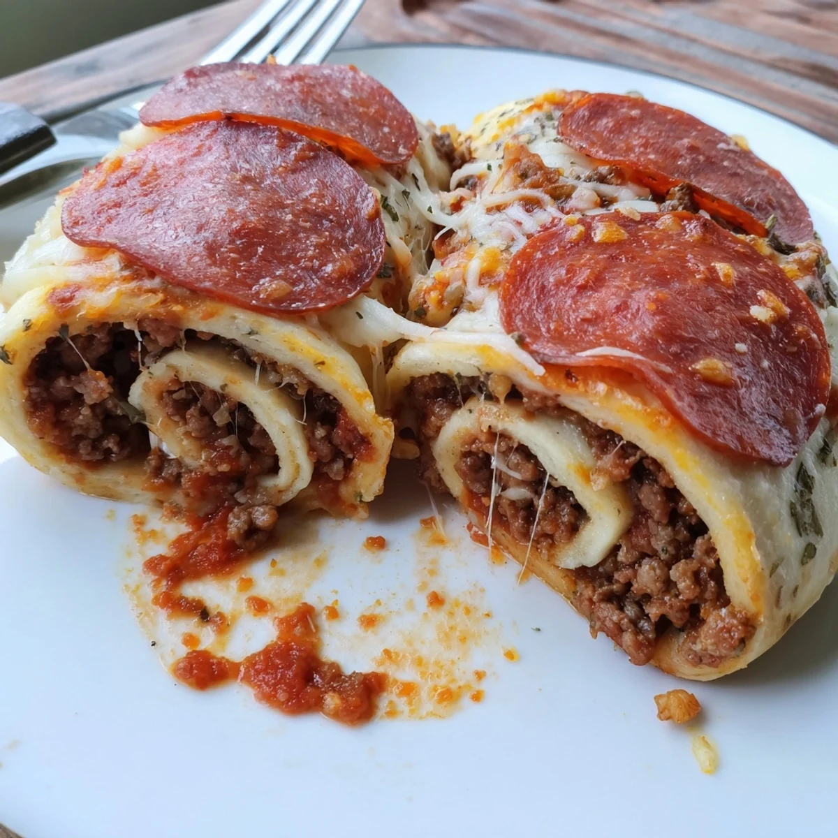 Baked Cheesy Beef Pepperoni Pizza Roll Ups Snack Recipe cooling on parchment, basil garnish