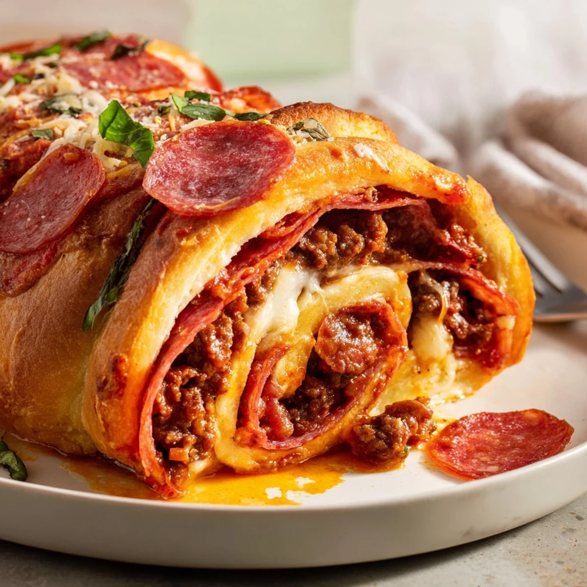 Family-style Cheesy Beef Pepperoni Pizza Roll Ups Snack Recipe with marinara for dipping