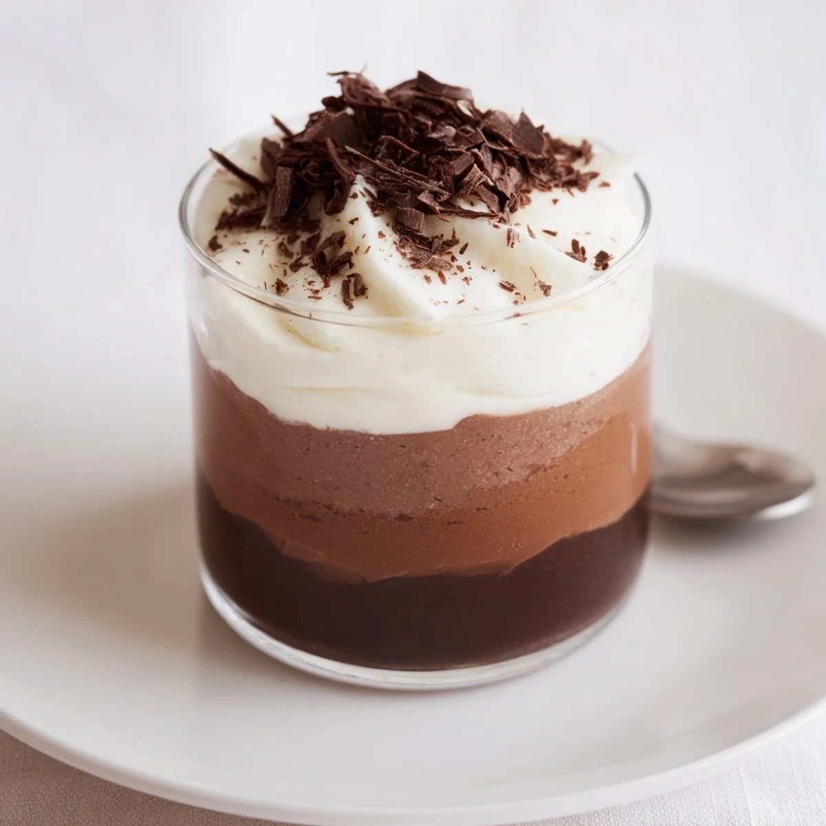 Creamy Triple Chocolate Mousse Cups chilled, topped with shaved chocolate, elegant