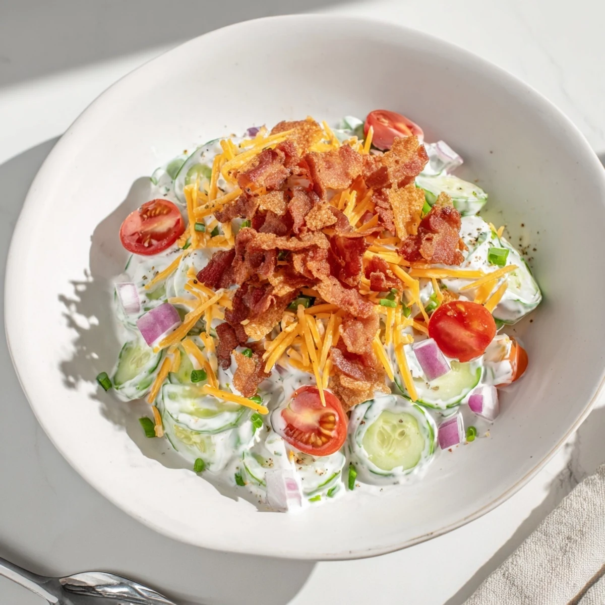 Cucumber Ranch Crack Salad Recipe Delight with crunchy bacon, cheddar, and chips.