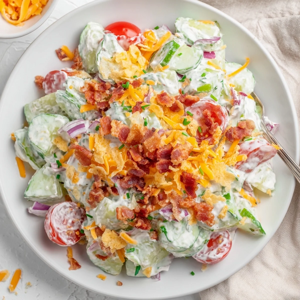 Chilled Cucumber Ranch Crack Salad Recipe Delight piled high, garnished with chives.