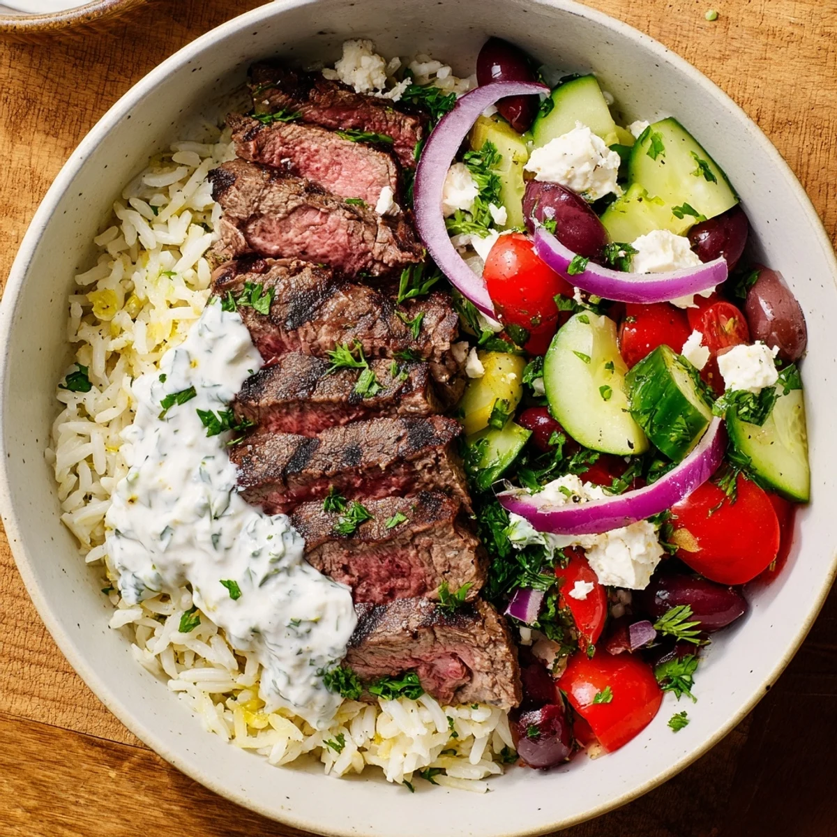 Vibrant bowl featuring sliced sirloin steak, cherry tomatoes, cucumber, olives, and crumbled feta cheese