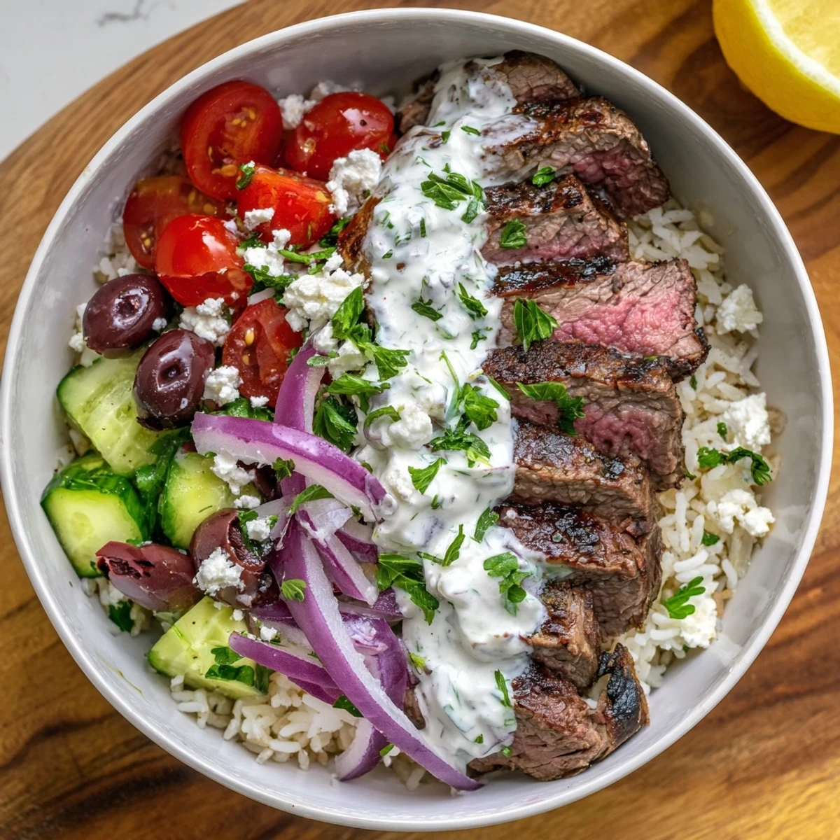 Colorful Mediterranean steak bowl topped with creamy yogurt sauce and crisp vegetable garnishes
