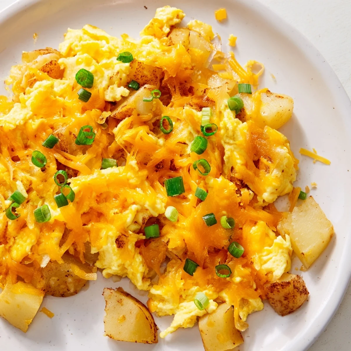Golden cheesy potato egg scramble in a cast iron skillet with melted cheddar