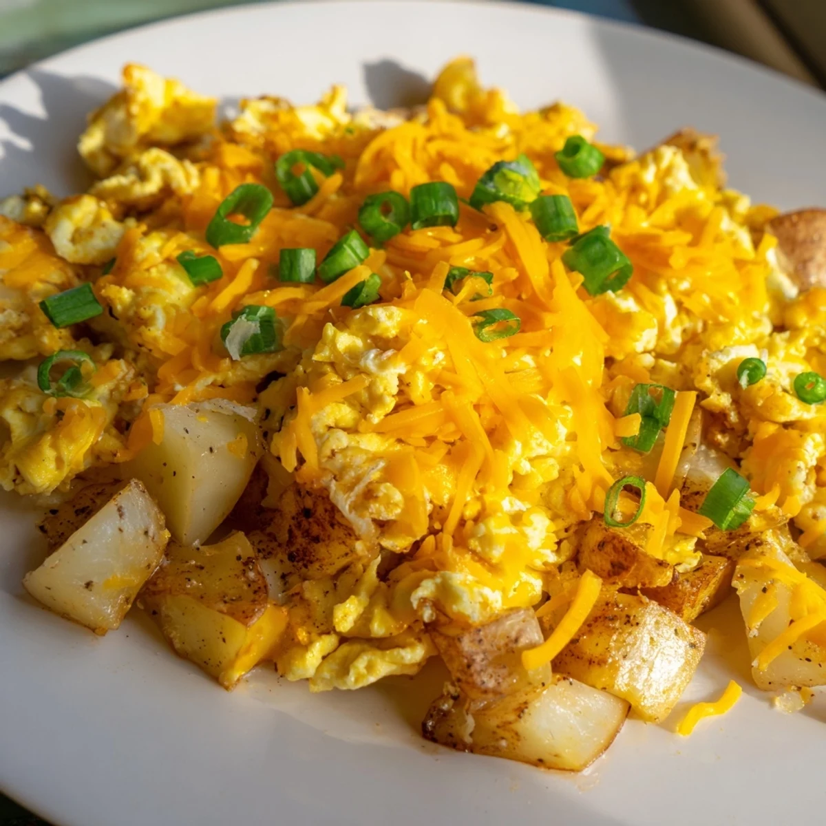 Hearty breakfast plate of soft scrambled eggs with tender potatoes and shredded cheese