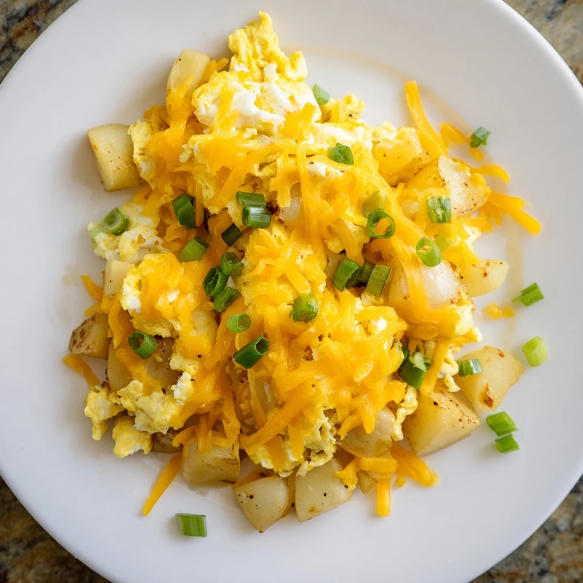 Comforting cheesy potato egg scramble topped with fresh chives on a white plate