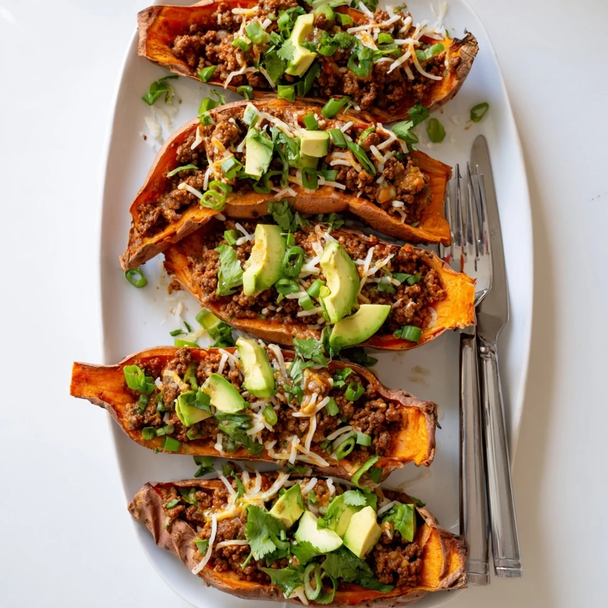 Roasted sweet potato boats piled high with spicy hot honey ground beef and fresh toppings