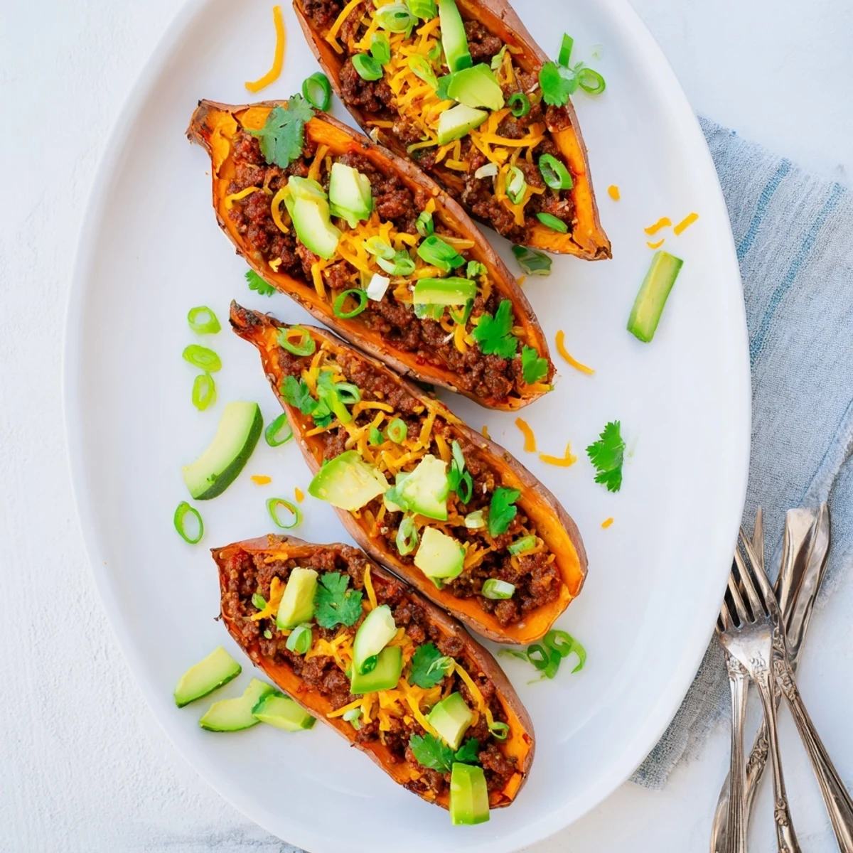 Wholesome baked sweet potatoes filled with seasoned beef and drizzled with hot honey sauce