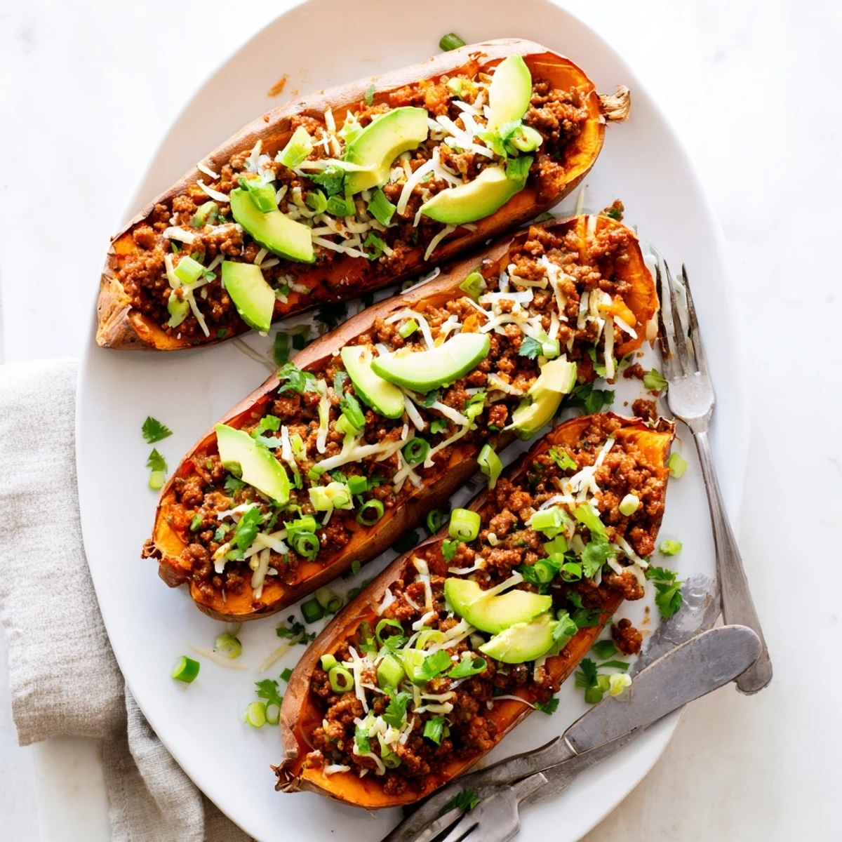 Golden sweet potatoes stuffed with savory ground beef glazed in sweet and spicy hot honey