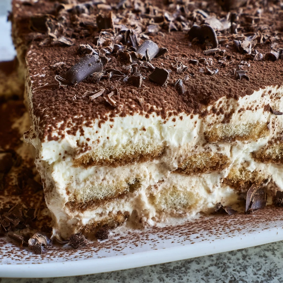 Homemade tiramisu recipe with coffee-dipped ladyfingers, rich mascarpone cream, and dark chocolate shavings
