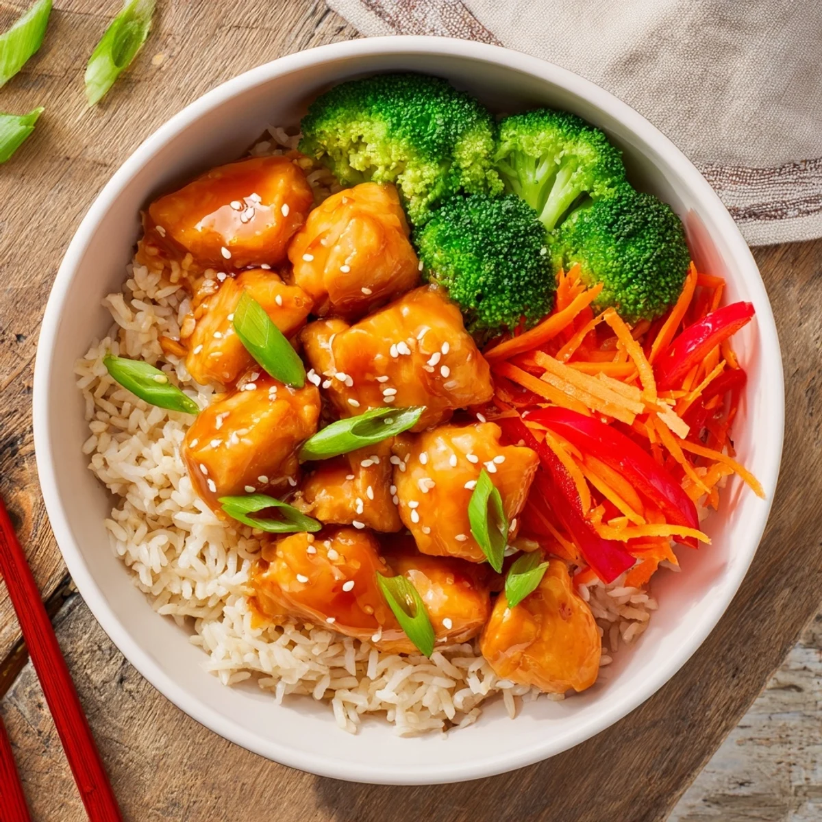 Golden orange glazed chicken rice bowl with steamed broccoli and colorful vegetables