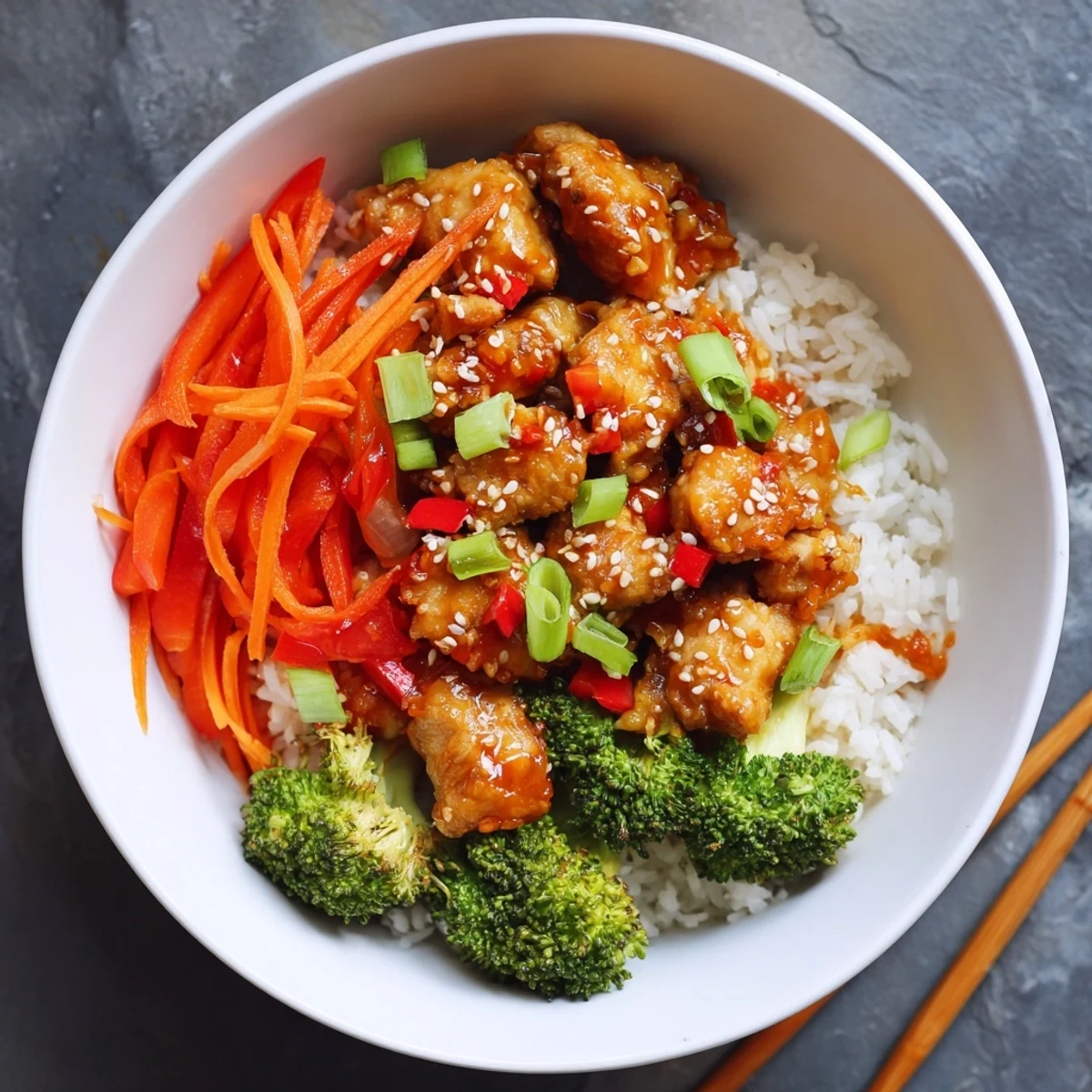 Asian-inspired orange glazed chicken bowl featuring crisp peppers carrots and savory glazed meat