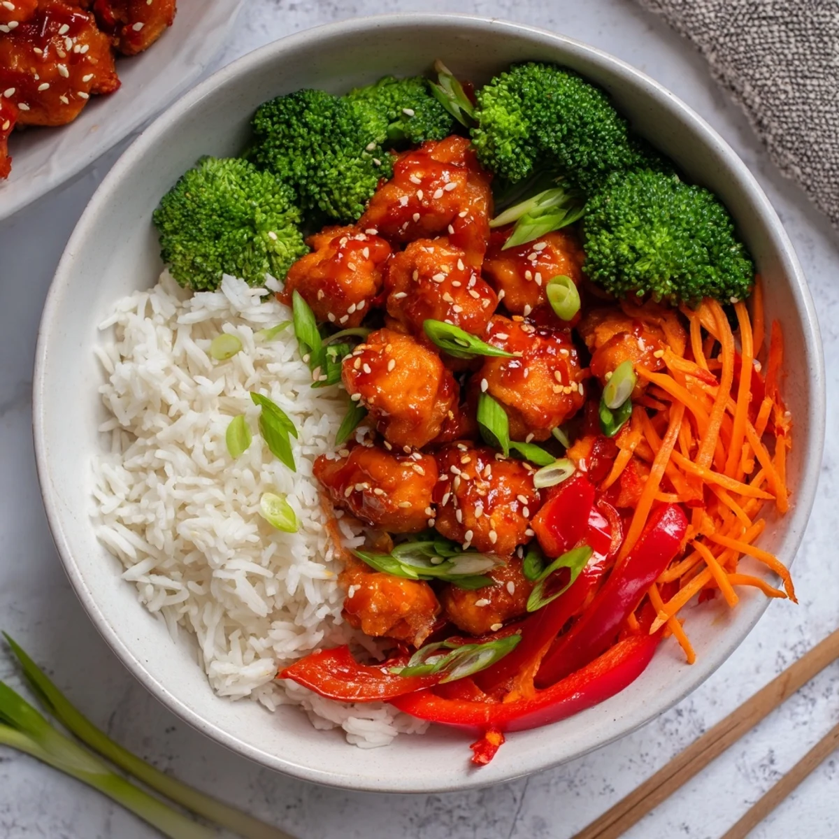 Tender glazed chicken pieces over fluffy rice topped with fresh veggies and sesame seeds