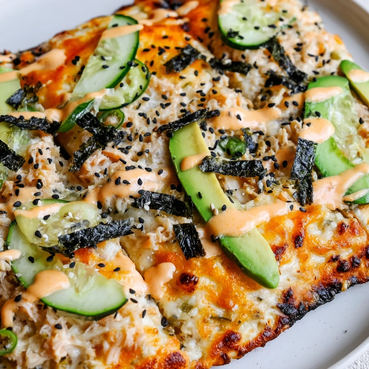 Golden salmon sushi bake flatbread pizza topped with fresh avocado, cucumber, and spicy sriracha drizzle