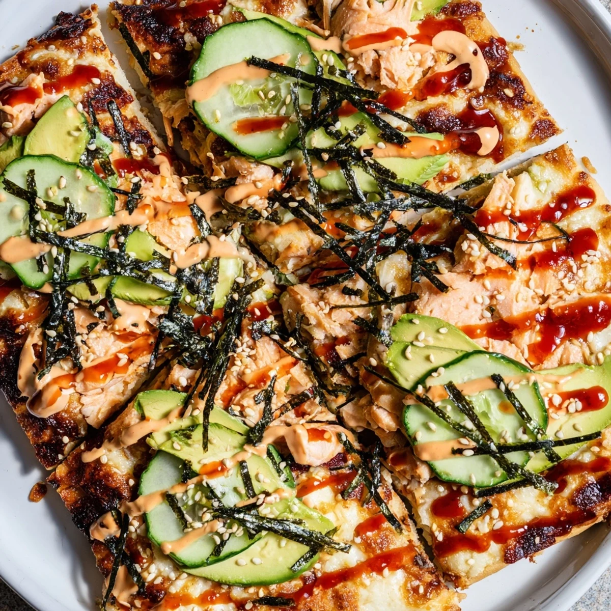 Fusion pizza featuring seasoned salmon, sushi rice, and nori strips finished with spicy mayo sauce