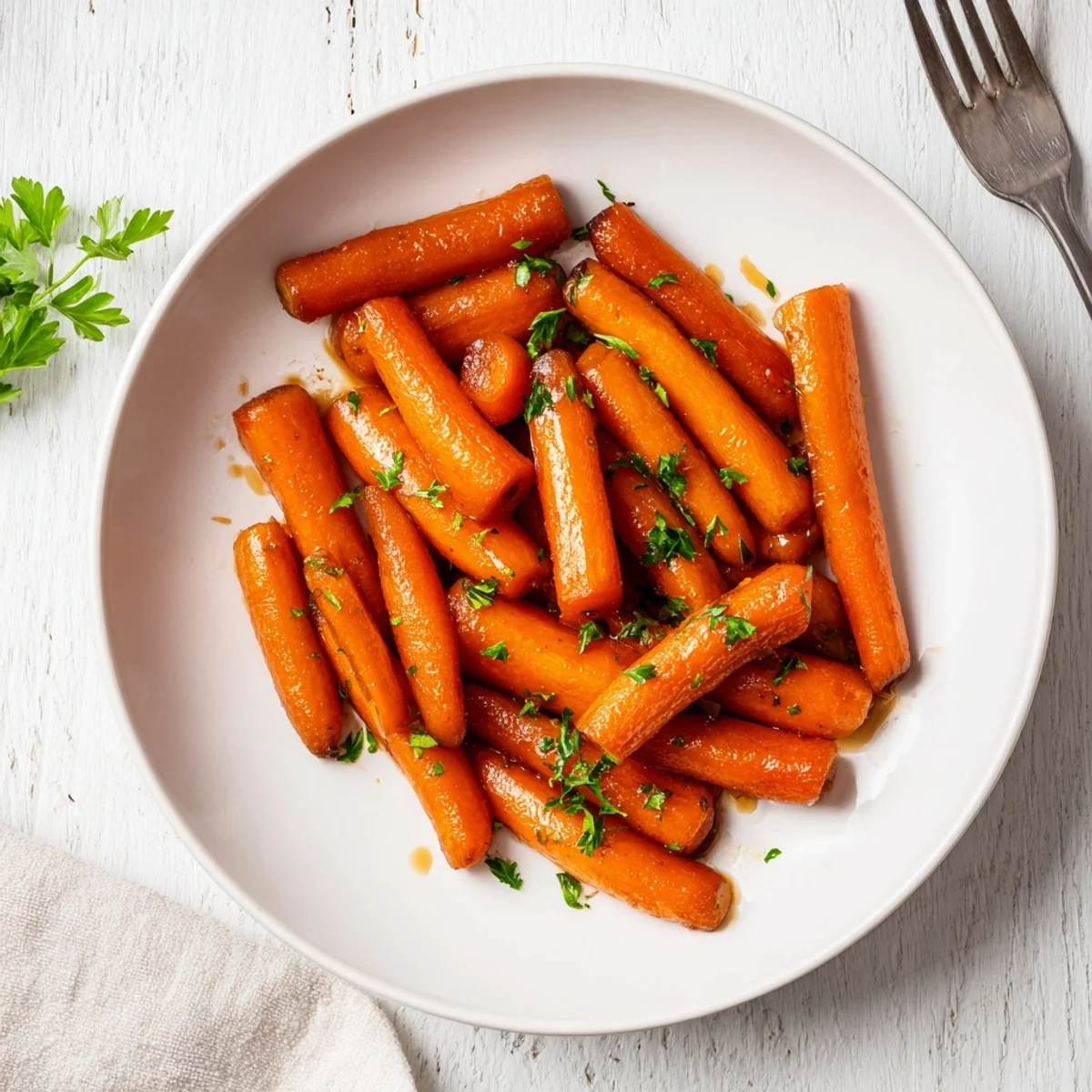 Golden honey glazed carrots glistening with sweet buttery coating on a white serving plate