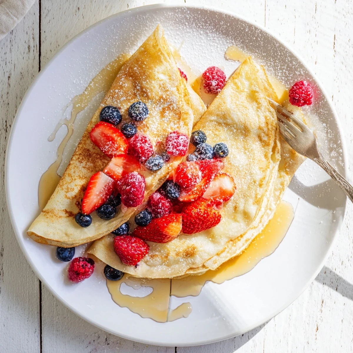 Thin warm crepes with honey drizzle garnished with fresh berries and powdered sugar