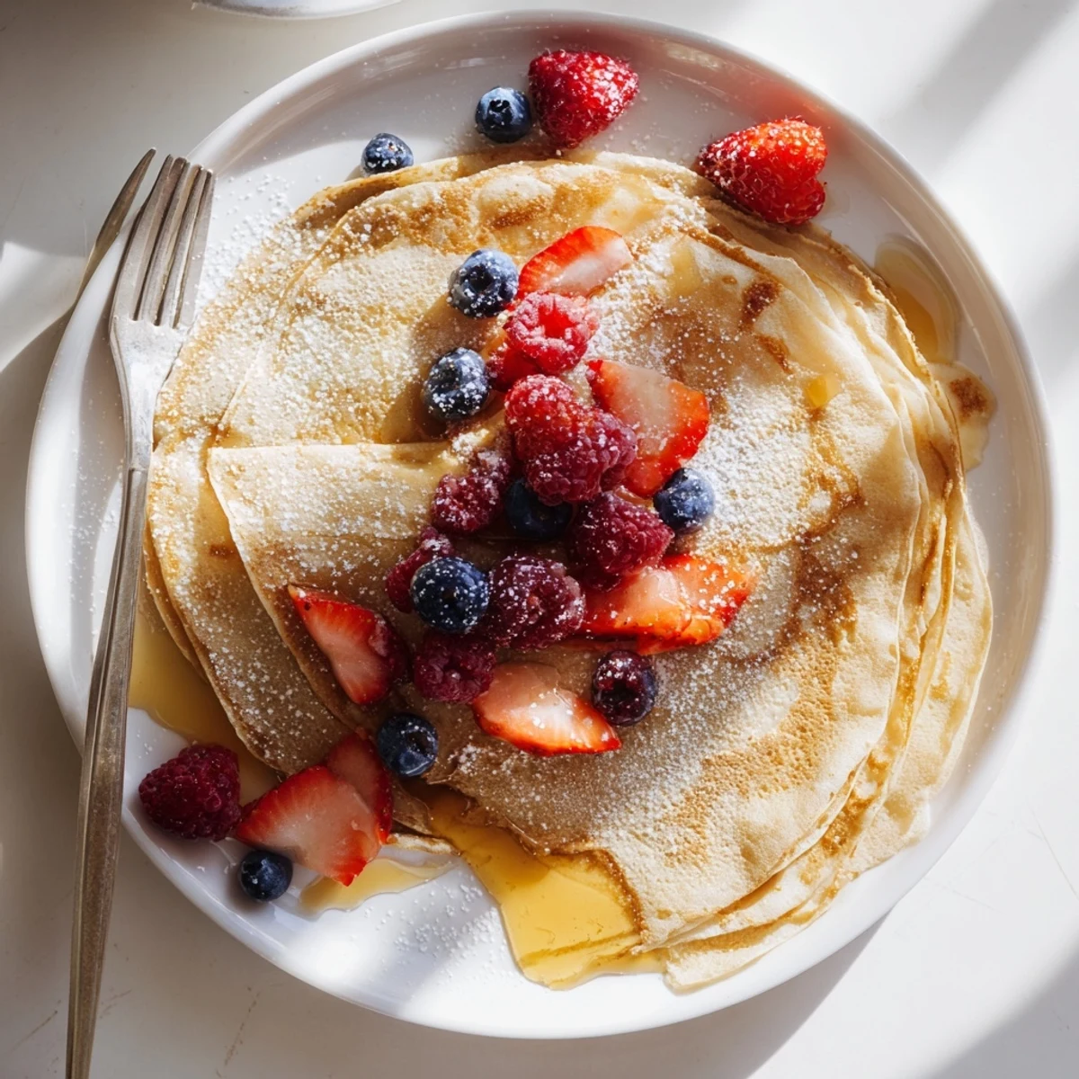 Golden honey cascades over delicate French crepes stacked on a white plate
