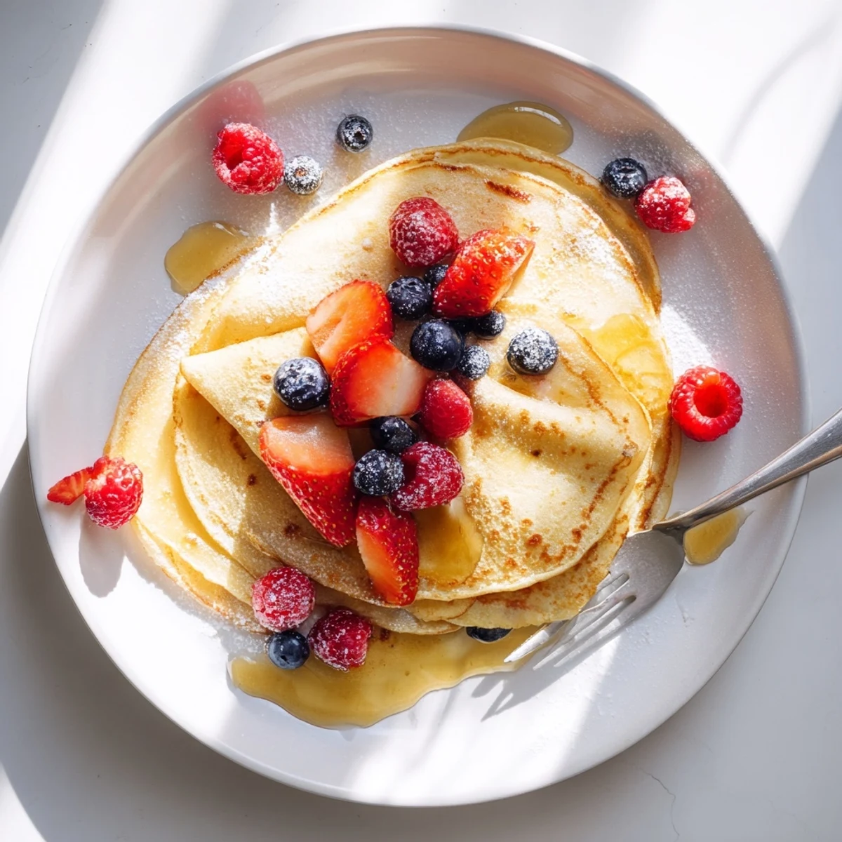 Stacked breakfast crepes glistening with honey and topped with colorful fresh fruit