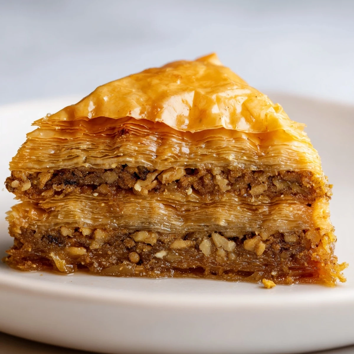 Golden homemade baklava with layers of flaky phyllo pastry and chopped walnuts pistachios