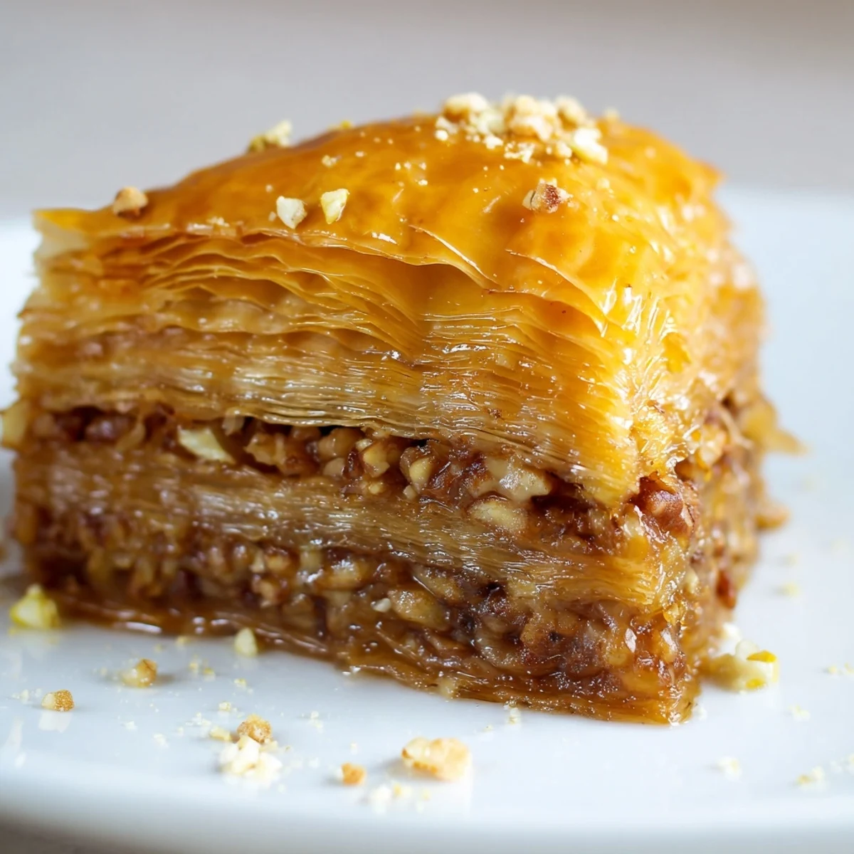 Diamond-cut baklava squares with chopped nut layers and glossy sugar syrup topping