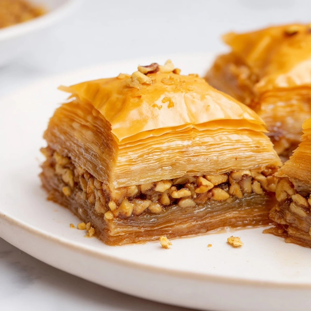 Crispy Middle Eastern baklava dessert soaking in sweet honey syrup on serving platter