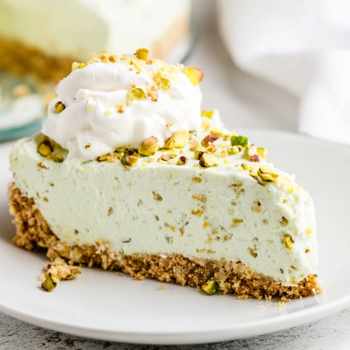 Slice of rich pistachio cheesecake showing green-speckled filling on crunchy nut crust with garnish
