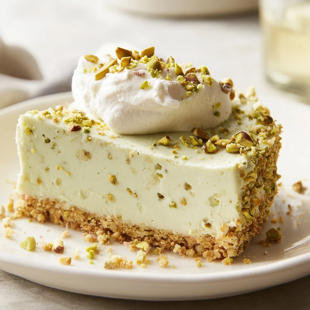 Creamy pistachio cheesecake with buttery graham cracker crust topped with chopped nuts and whipped cream