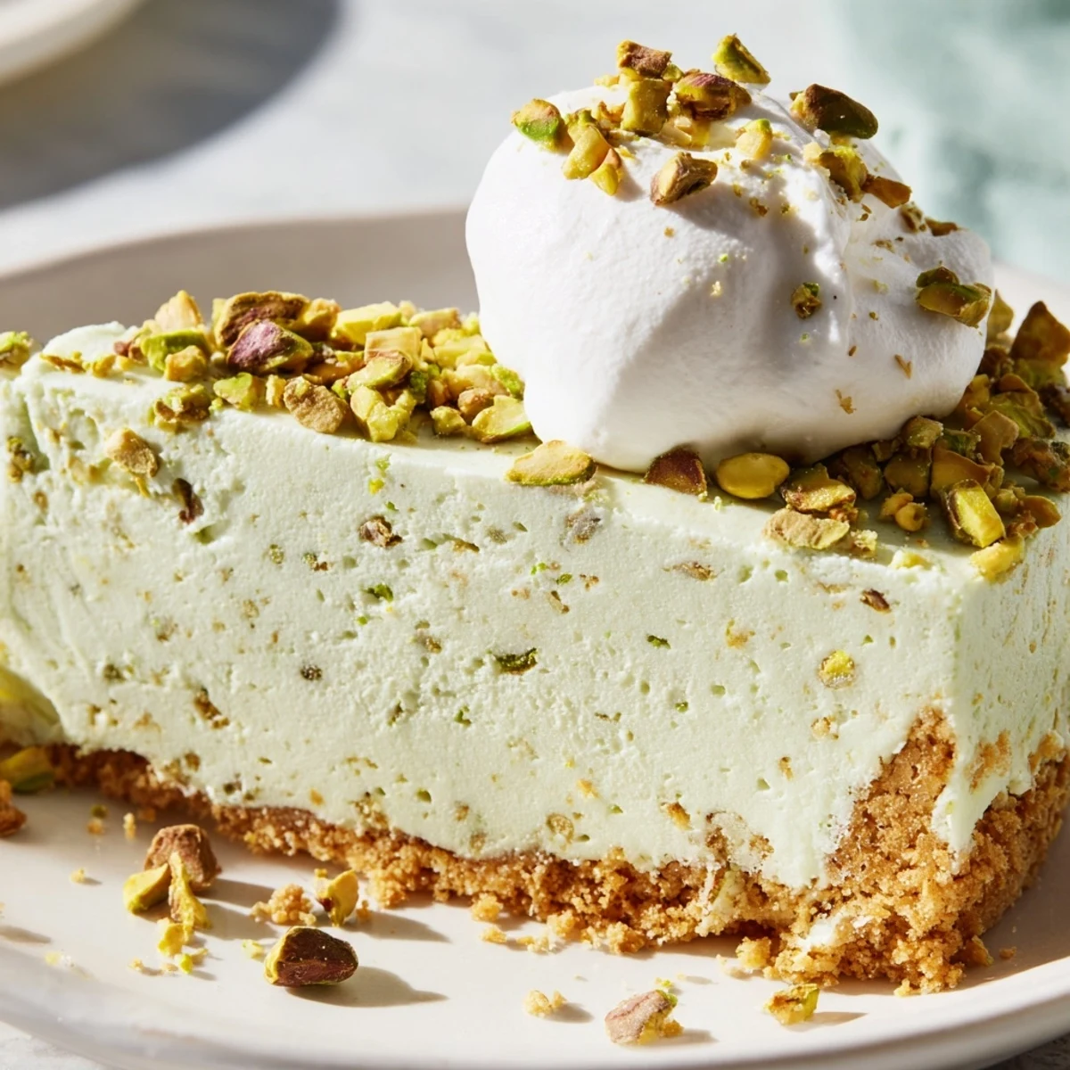 Homemade pistachio cheesecake dessert with smooth textured filling and sprinkled pistachio garnish on white plate