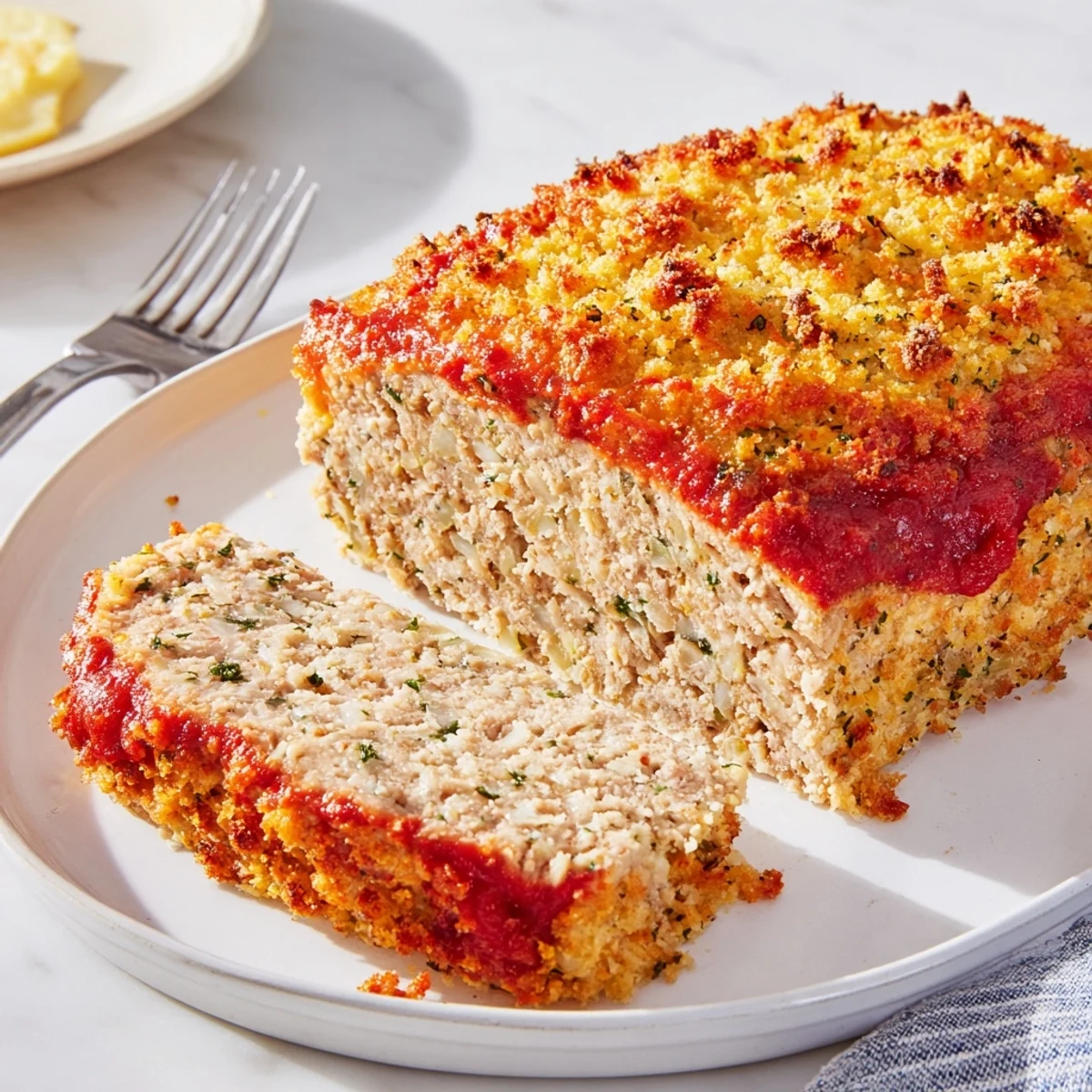 Golden brown Parmesan crusted turkey meatloaf sliced on a white serving platter