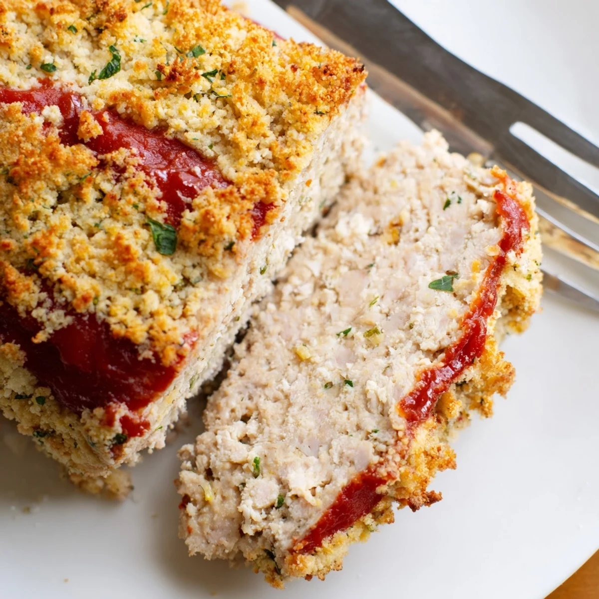 Baked meatloaf with crispy Parmesan topping glazed with red ketchup on wooden board