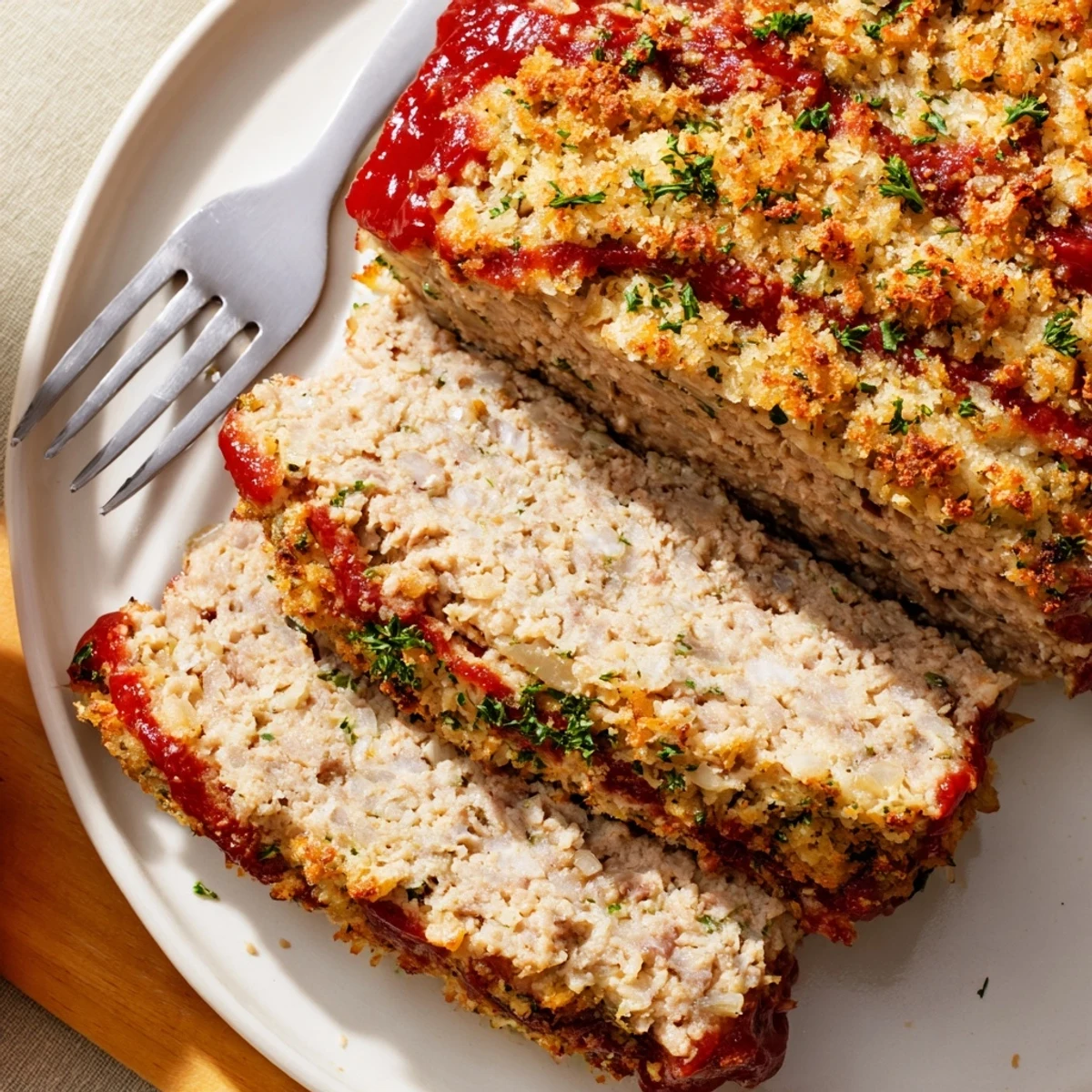 Savory turkey meatloaf featuring crunchy cheese crust and fresh parsley garnish