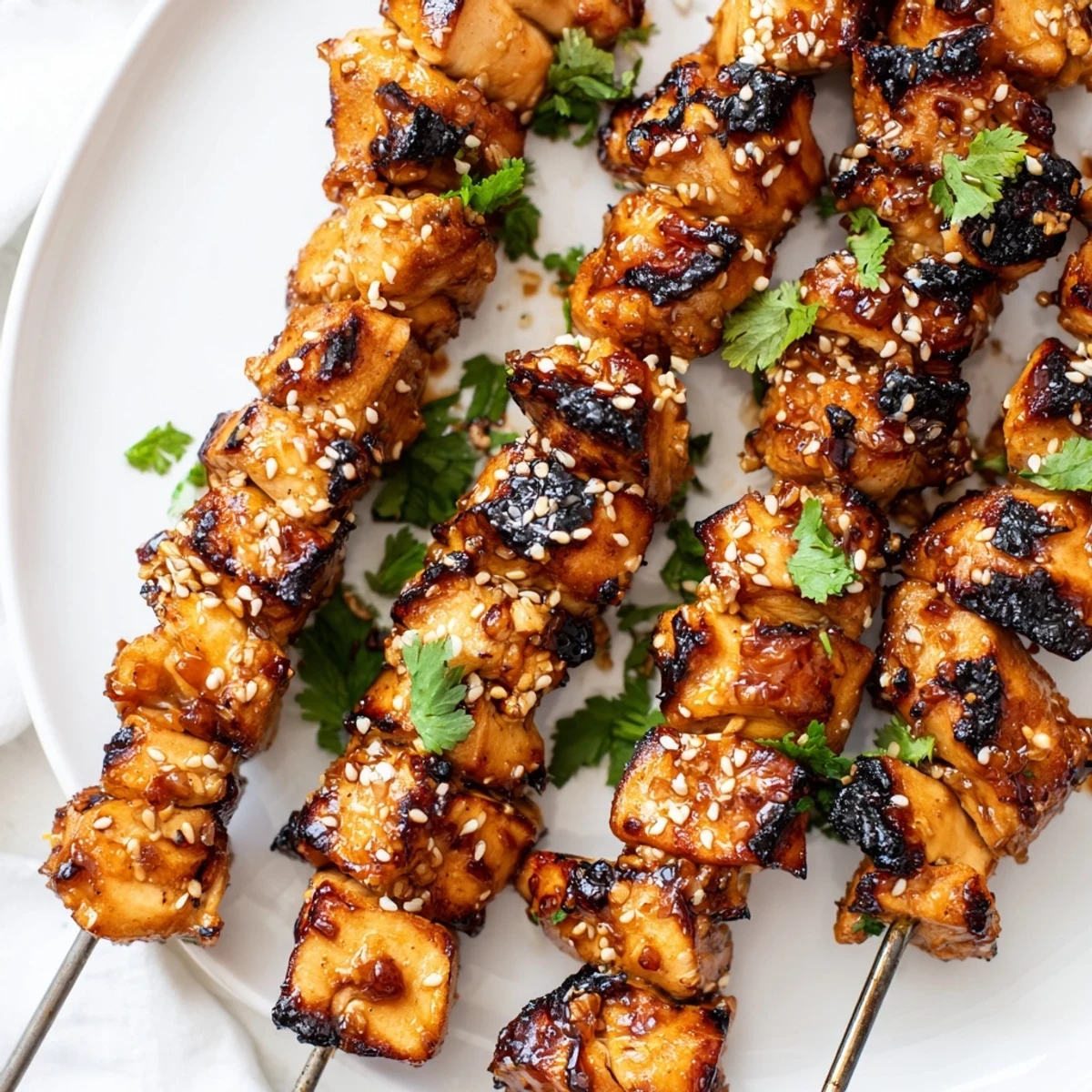 Golden grilled spicy honey garlic chicken skewers glazed with sweet and smoky charred marks