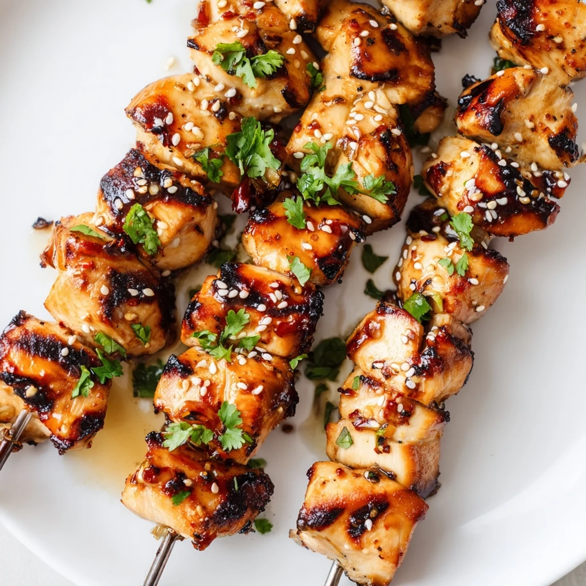 Juicy spicy honey garlic chicken skewers basted with sticky honey garlic sauce on the grill