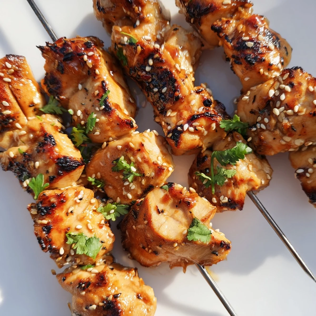 Appetizing plate of spicy honey garlic chicken skewers garnished with fresh cilantro and lime wedges