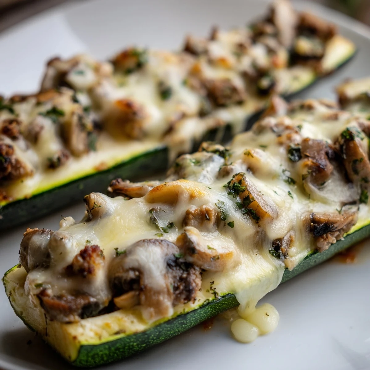 Baked zucchini halves stuffed with savory mushroom beef mixture and bubbling gruyere topping